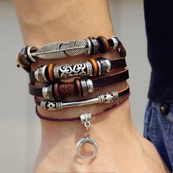 Moon Feather Multilayer Leather Bracelet Silver Tone Adjustable Punk Bohemian - Picture 2 of 5